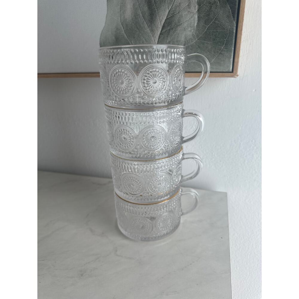 Large vintage style mugs bowls clear w/gold trim X4 beautiful